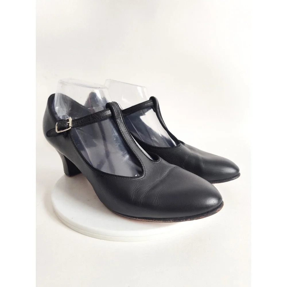 Dance Shoes Size 10 Leather Upper & Sole T-strap Mary Janes Black Salsa Latin